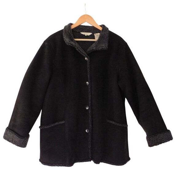 LL Bean Sherpa Lined Faux Suede Shearling Jacket Black Buttons Petite size XL - Picture 1 of 7